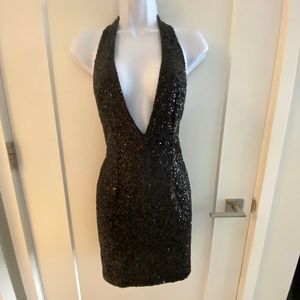 black sequin halter top open back dress